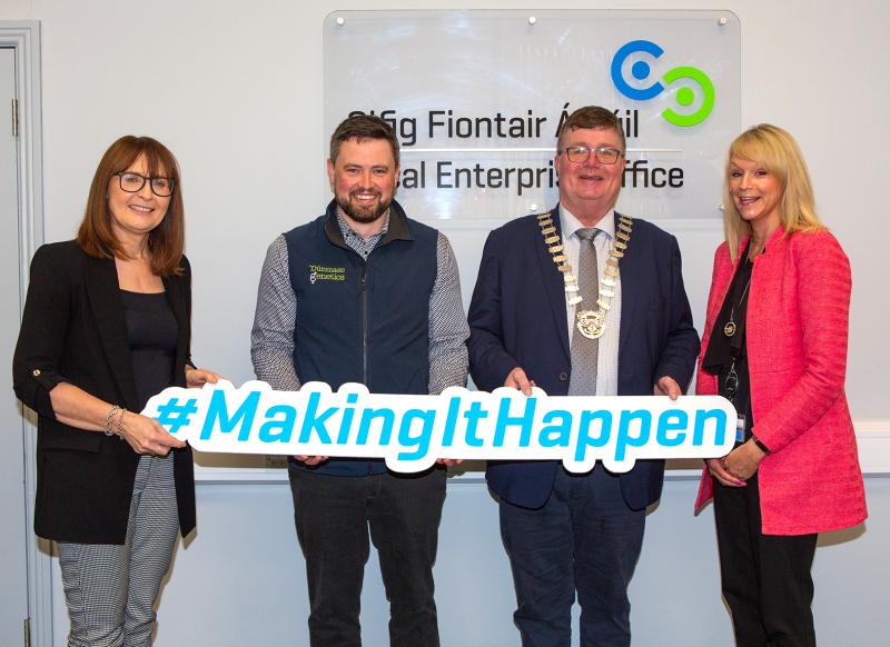 Evelyn Reddin, (Head of Enterprise), Stephen Dowling, (Founder of Dunmasc Genetics Ltd), Paschal McEvoy (Cathaoirleach of Laois County Council) and Linda Meredith