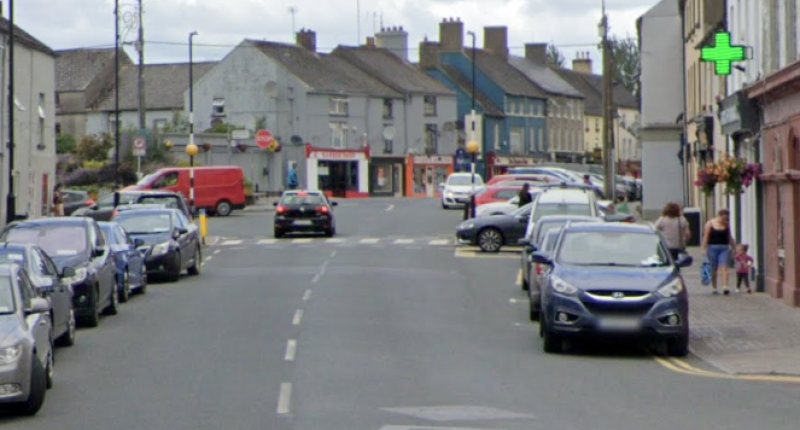 Pictured: illegal parking in Mountrath has been called 'a free for all' in a recent Laois County Council meeting. Photo: Google Maps