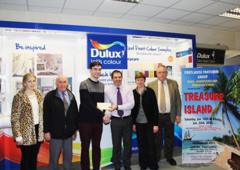 Paul Ging of Gings Homevalue, Kealew Business Park, Portlaoise, presents a voucher for �300.00 of Dulux Paints (sponsored by Gings/Dulux)  to Jack Stapleton, Vicarstown, being first prize in Portlaoise Pantomime Group's Grand Draw which was held in conjunction with their 30th. Anniversary Production "Treasure Island" at the Dunamaise Arts Centre.l/r Sarah Stapleton (Portlaoise Panto) Joe Ging,(Gings) Jack Stapleton, Paul Ging (Gings) Angela Galvin( Gings Paint Dept.) and Tim Keane (Chairman Portlaoise Panto Group) .