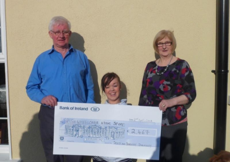 Denis and Dorothy Delaney lodged �2467 to the Irish Wheelchair Association Sports account and presented a cheque to their grand-daughter Sinead Keon, who is an active member with the association.