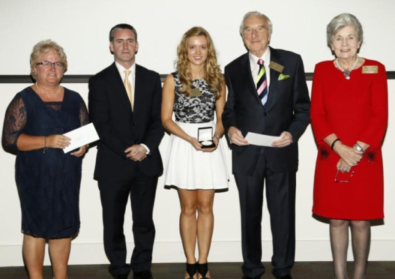 Principal Helen O'Donnell, Minister for Education and Skills Damien English TD and  Laois scholar Rachel Costello, Scoil Chriost R� with Dr Martin and Carmel Naughton at the 2014 Naughton Foundation Scholarship Awards at the Science Gallery in Trinity college. -photo Kieran Harnett