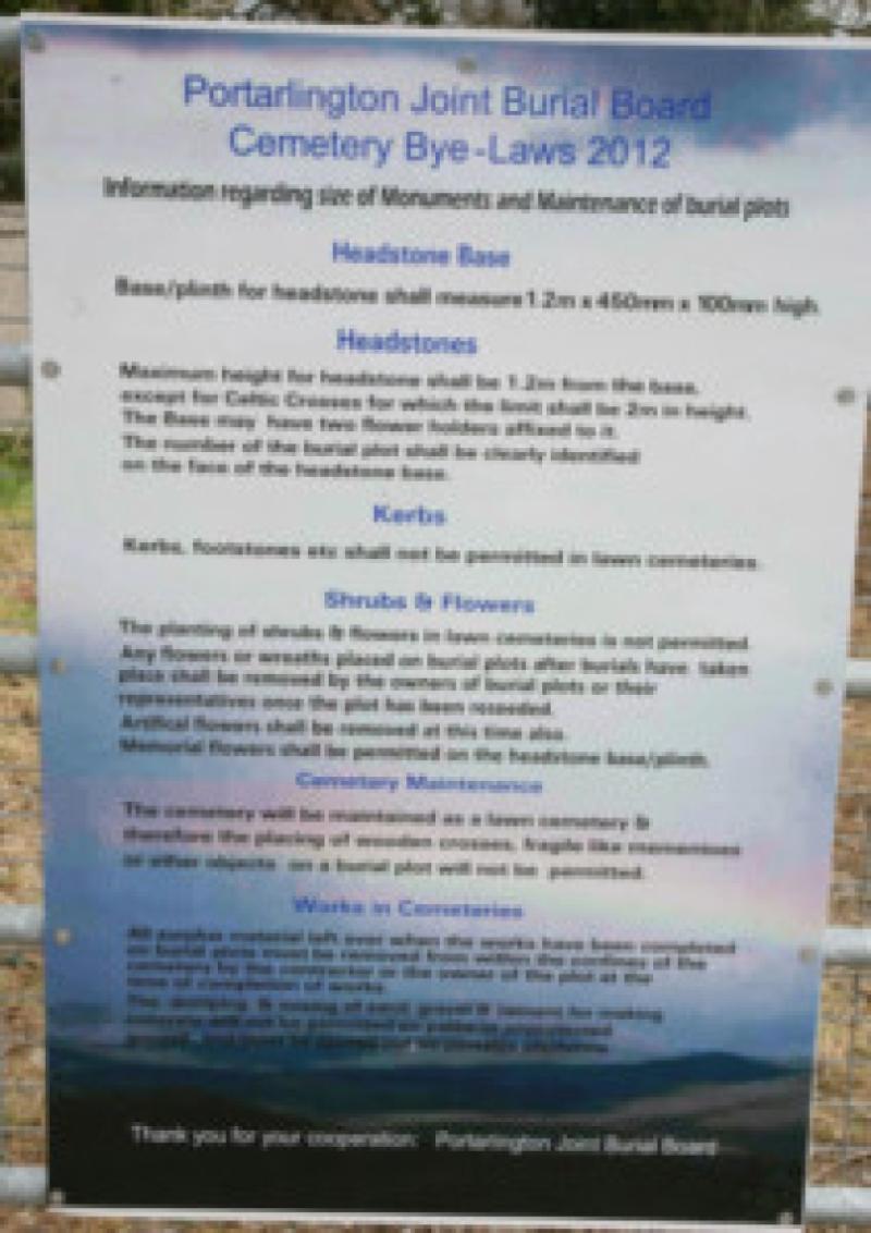 The Notice on display at the new section of  St. Michael's Cemetry , Portarlington .                 Photo: Michael Scully .
