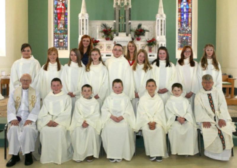 The Confirmation Class from Scoil Mhuire Fatima , Timahoe , pictured with Priests and Teachers at last Saturdays Confirmation Ceremony in St. Michael's Church , Timahoe . Front ( l. to r.) Fr.Pat Breen C.C. , Dean Cahill , Caoilan O'Driscoll , Richard Mansworth , Mark O'Connell , Graham Devitt and Fr. Jim O'Connell , P.P. Stradbally .2nd.Row ( l. to r. ) Aoife Doyle , Wiktoria Banastik , Jasmine Parsons , Claire Daly , Kacper Czerwinski , Katie Foyle , Aoife Lalor , Seona  Mc.Kittrick and Laura Stapleton . Back: Teachers : Ms .Margaret  Hennessy and Ms. Aoife Booth .             Photo: Michael Scully .