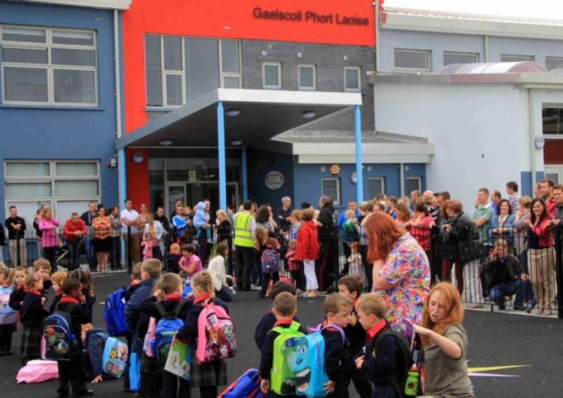 Junior Infants in their l�ne on their first day at school  in the all new Gael Scoil Phort Laoise.