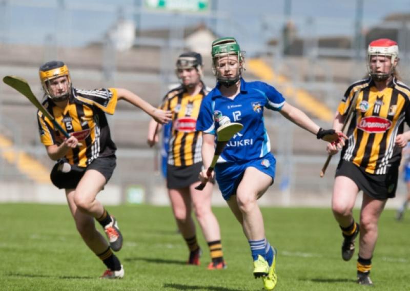 Laois's Michelle Holmes in action against Kilkenny's Ruth Jones, Sarah Ann Quinlan and Laura Hegarty during the Irish Daily Star National Camogie League Div 2 semi-final in O'Connor Park, Tullamore. Picture: Ger Rogers/HR Photo.