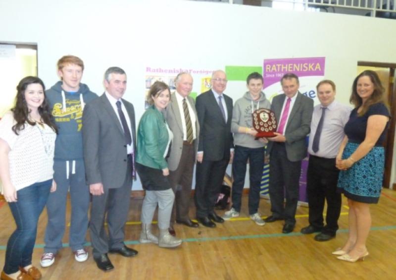 George FItzpatrick chairman Laois For�ige with Minister for Children and Youth Affairs Charlie Flanagan and members of Ratheniska foroige club. Presentation at the Laois For�ige awards held recently in Timahoe.