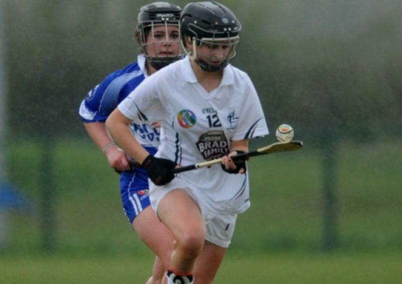 03-05-2013   Kildare's Louise Qualter puts the ball wide after getting past Maeve Collier of Laois in the All Ireland Minor C camogie semi final at Hawkfield.Picture: Adrian Melia