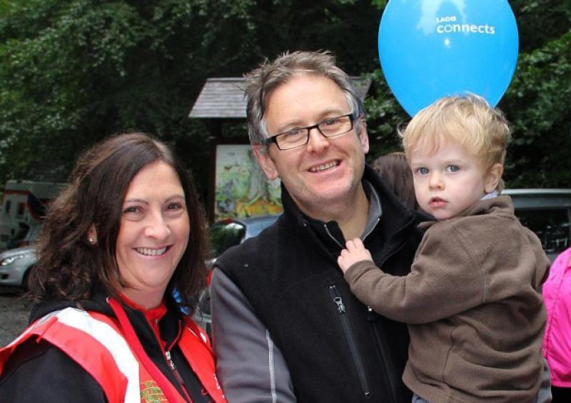Caroline Myers ( Loais Sports Parnership ) and Dr. Eddie Murphy ( RTE's Operation Transformation ) and son  Darragh , at  the 4.3Km.Fun Walk at Emo on Saturday - part of Laois Connects Events . Photo: Michael Scully - no reroduction fee .