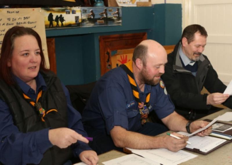 Top table at Portarlington 4th. Laois Scouts A.G.M. in the  local Den .( l. to r.) Sylvia Horan ( Sec.) , Paddy Whelan ( Group Leader ) and Shane O'Neill ( Chairman ) .              Photo: Michael Scully .