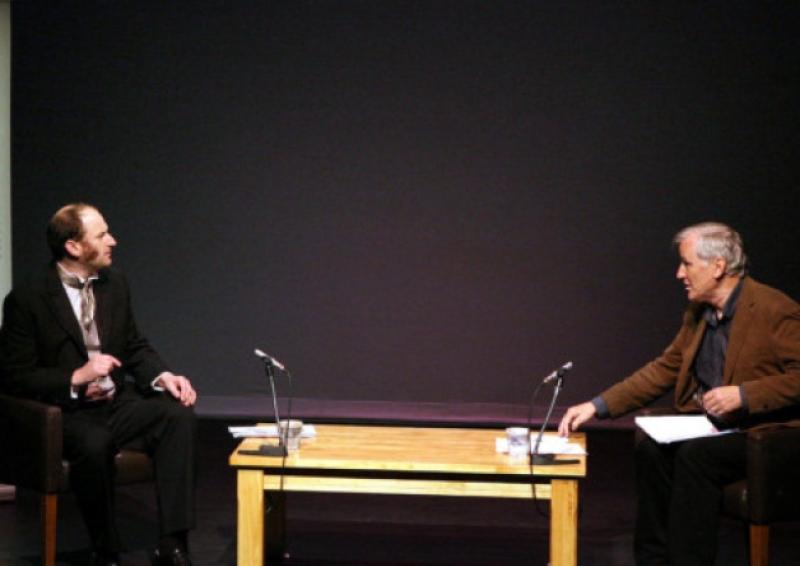 Actor, Paul Meade , plays the role of James Fintan  Lalor and Myles Dungan  the role of interviewer , at the premierof the play " From the Sod to the Sky "   , at the the Official Opening of the  James Fintan Lalor Inaugural School 2013 , at Dunamaise Arts Centre on Friday .            Photo: Michael Scully - no reproduction fee .
