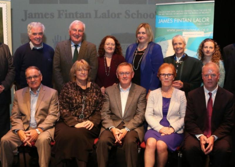 Participants in Saturday's debate at the James Fintan Lalor Autumn School in the Dunamaise Arts Centre . Front: Teddy Fennelly ( Laois Heritage Society ) ,  Panelist , Pat Moylan ( Theatre Producer ) Sean O'Rourke ( Debate Chairman) , Noeline Blackwell ( FLAC ) and  Ian Mc.Coremack ( Chairman , JFL Autumn School ) . Back :Seamus Hosey ( Broadcaster/Producer ) , Fr. Peter Mc.Verry , Michael Parsons ( Laois Heritage Society / Heritage Council ) ,  Anna Marie Delaney ( Director of Services - Laois Co. Council ) , Muireann Ni Chonaill ( Arts Officer , Laois Co. Council ) , Margot Coogan ( Lalor Clan Leader ) , Michelle de Forge ( Director , Dunamaise Arts Centre ) and Artist , Brendon Deacy .            Photo: Michael Scully - no reproduction fee .