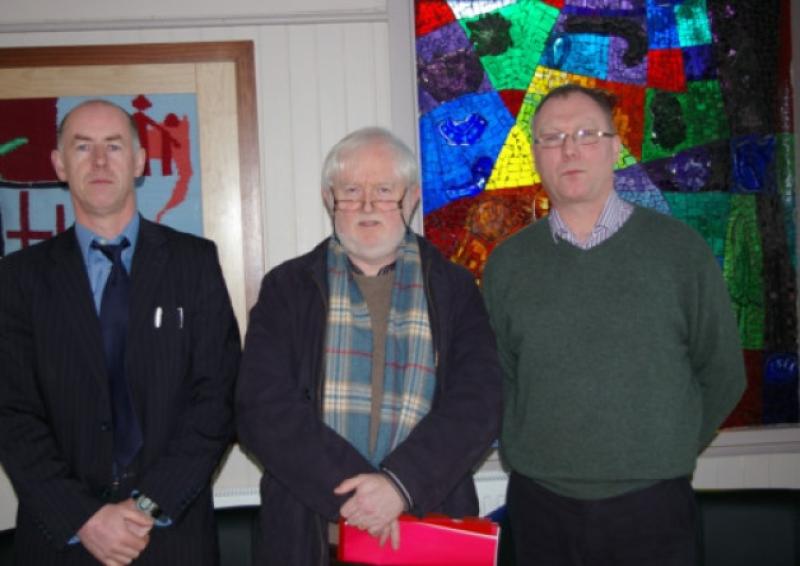 Principal Mr Phil Bowe, Mr Niall ONeill of the European Parliament and Mr Billy OShea head of CSPE at Heywood Community School. Mr ONeill was speaking to the students at Heywood on the European Community.