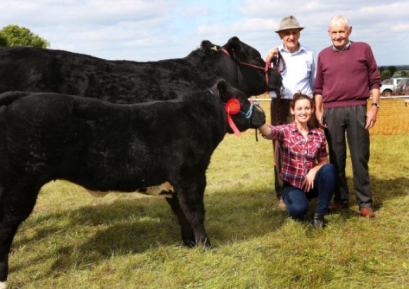 Jim and Sinead Stanley, Rahandrick , Ballacolla ,  with their Day Suckler Cow with calf at foot  -Supreme Champion at  Clonaslee Show. PatDelaney represents his son Robert Delaney - Sponsor .   Photo: Michael Scully