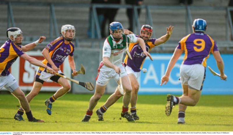 2 November 2014; Brian Campion, Rathdowney Errill, in action against Kilmacud Crokes players, from left, Caolan Conway, Dillon Mulligan, Damien Kelly and Ross O'Carroll. AIB Leinster GAA Hurling Senior Club Championship, Quarter-Final, Kilmacud Crokes v Rathdowney Errill, Parnell Park, Dublin. Picture credit: Piaras O Midheach / SPORTSFILE