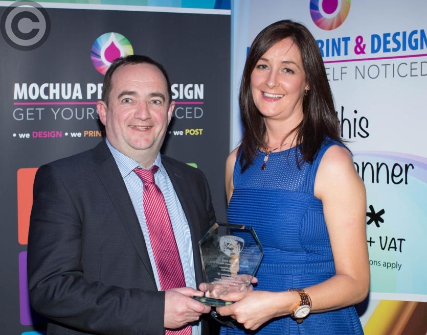 Aishling Deegan on behalf of Maurice Deegan is presented with a Referee Special Merit award by Niall Handy. Picture: Alf Harvey/HRPhoto.ie