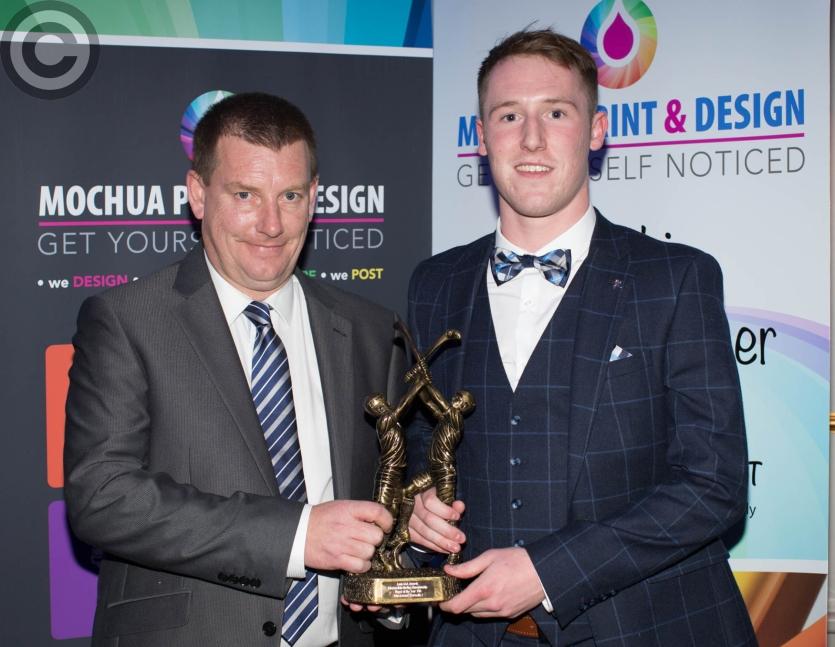 Intermediate Hurling Player of the Year John Lennon (Rosenallis) is presented with his award by Tom Clear. Picture: Alf Harvey/HRPhoto.ie