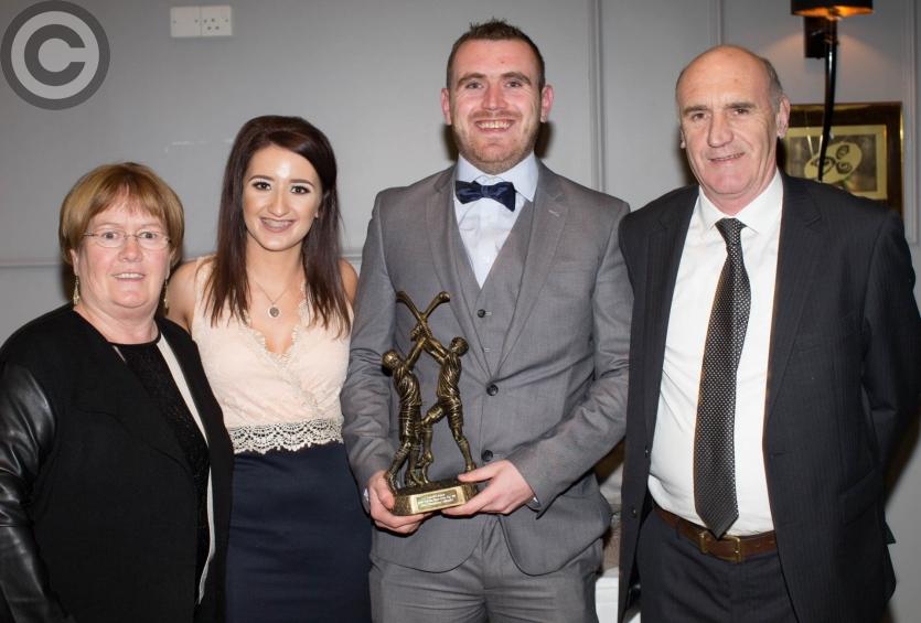 Junior B Hurler of the Year Tony O'Shaughnessy (Ballinakill) with Marie O'Shaughnessy, Deirdre Mulhall and Liam O'Shaughnessy. Picture: Alf Harvey/HRP