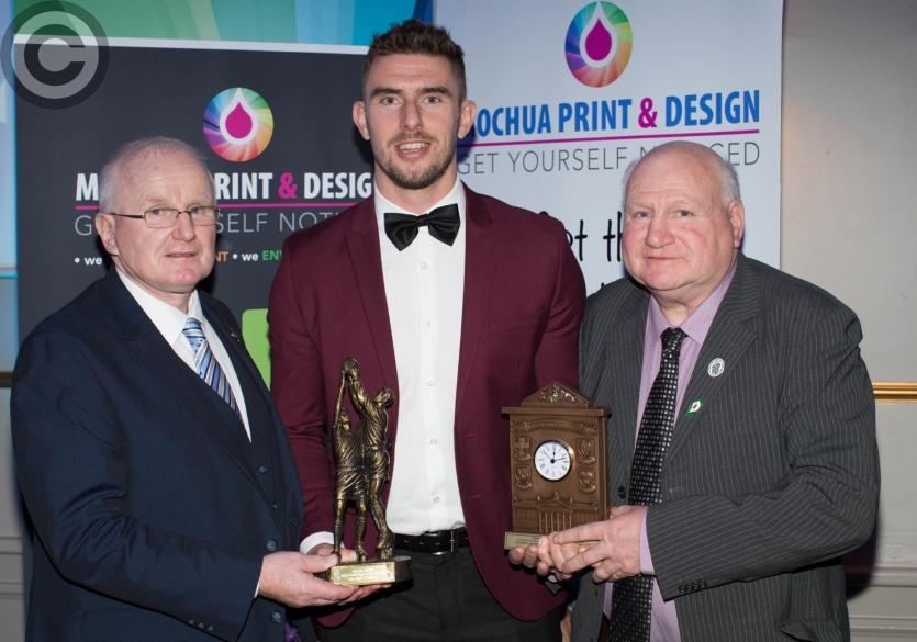 Senior Footballer of the Year Colm Begley (Stradbally) is presented with his award by Gerry Kavanagh and also an award from John Hyland. Picture: Alf 
